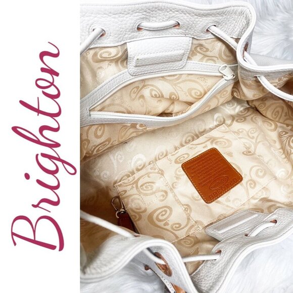 BRIGHTON White & Tan Pebbled Leather Satchel Shoulder Bag Croc Heart Detail - Picture 12 of 15